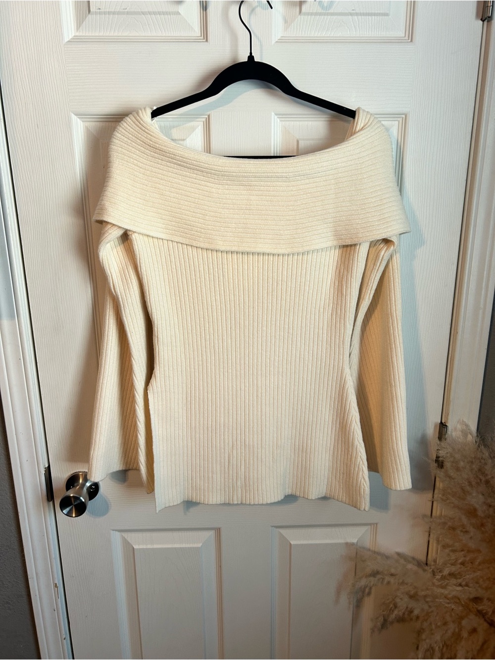 Off-Shoulder Ribbed Knit Sweater - Cream - Picture 2 of 9
